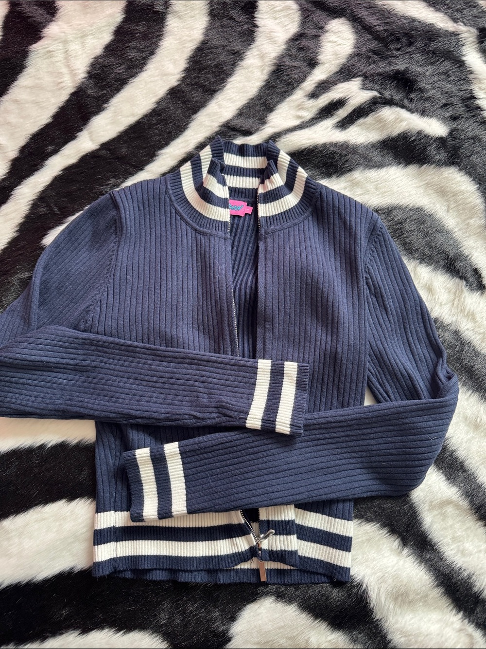 Navy Ribbed Zip-Front Sweater with White Stripe Trim